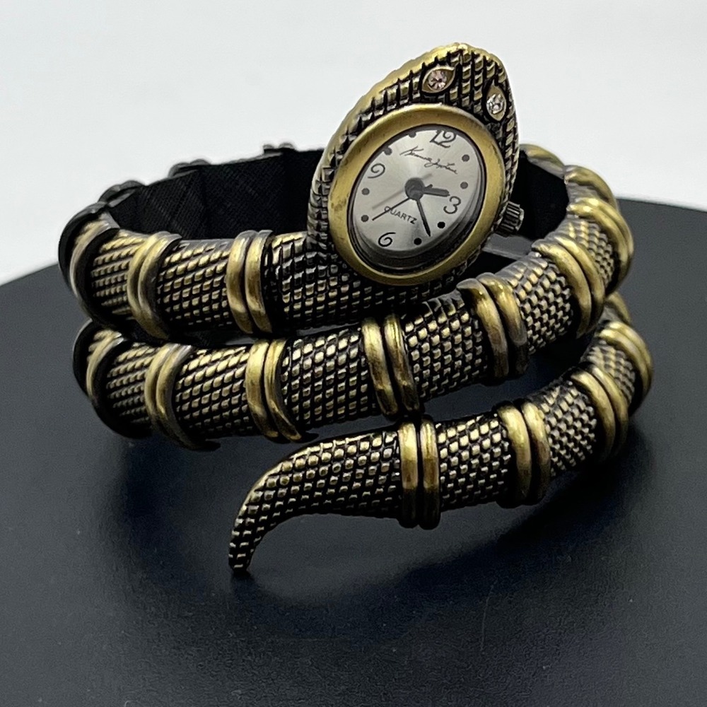 Kenneth Jay Lane KJL Snake Serpent Wrap Watch Bracelet Antique Gold Tone New Bat